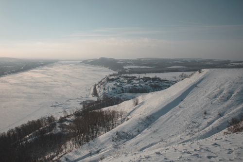 Free A stunning aerial view of a snow-covered landscape in Republic of Tatarstan, Russia. Stock Photo