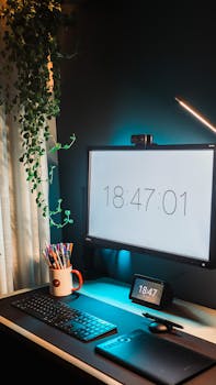 A sleek and modern workspace featuring a clock, computer, and drawing tablet on a desk.