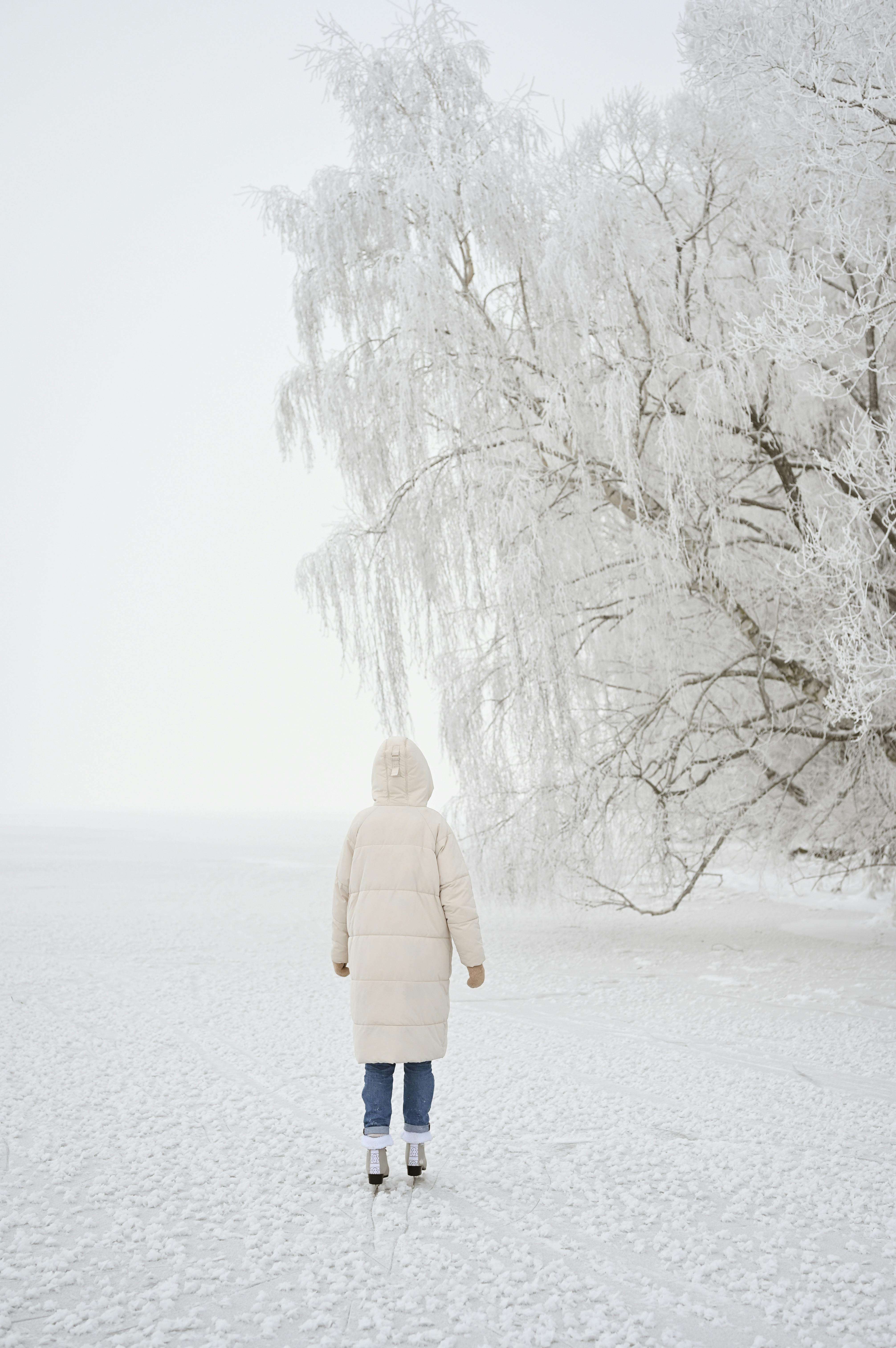 Person ice skating on a frozen lake surrounded by snow-covered trees in winter.