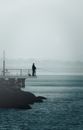 Silhouette of Person Standing on Rock Near Sea during Foggy Day