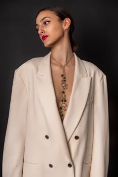 Portrait of a stylish woman wearing a white blazer and jewelry, exuding elegance against a black background.
