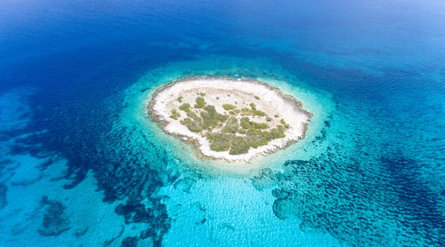 Aerial shot of a serene island surrounded by turquoise waters in Croatia.