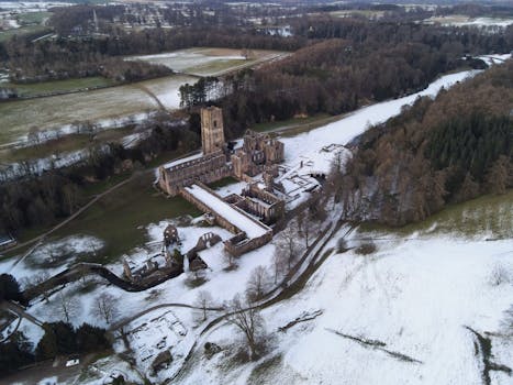 Snow-covered Fountains Abbey captured from above, showcasing its historical and architectural beauty.