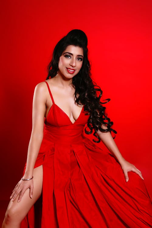 A Woman in Red Spaghetti Strap Dress
