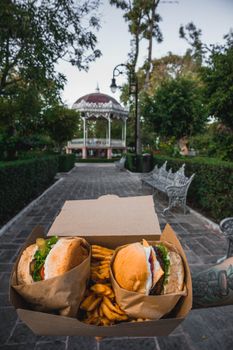 Savor delicious gourmet burgers outdoors in Aguascalientes park with a scenic gazebo view.