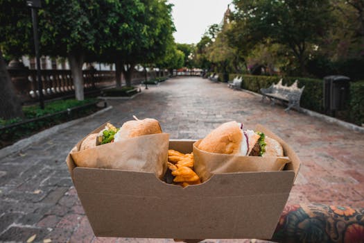 A delicious close-up of burgers and fries in a park setting in Aguascalientes, Mexico.