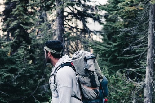 Free Adult man hiking in a dense forest with a large backpack, showcasing adventure and nature. Stock Photo