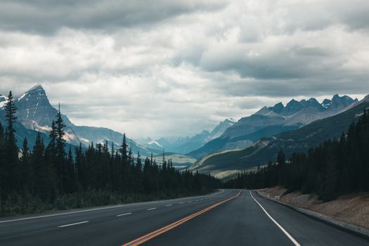 Breathtaking view of a mountain road surrounded by coniferous forests and peaks.
