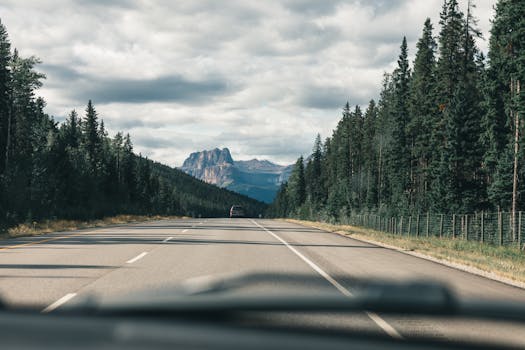 A paved highway leads through a forest towards distant mountains under a cloudy sky.