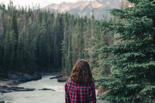 Free A woman in plaid shirt stands by a river in a Canadian forest, admiring nature. Stock Photo