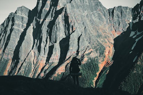 Backpacker standing near Rock Formation 