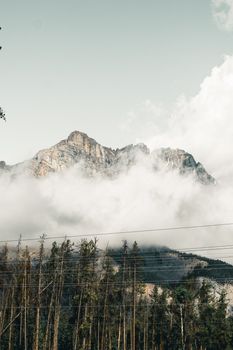 Misty view of majestic mountains surrounded by fog in Canada's pristine wilderness.