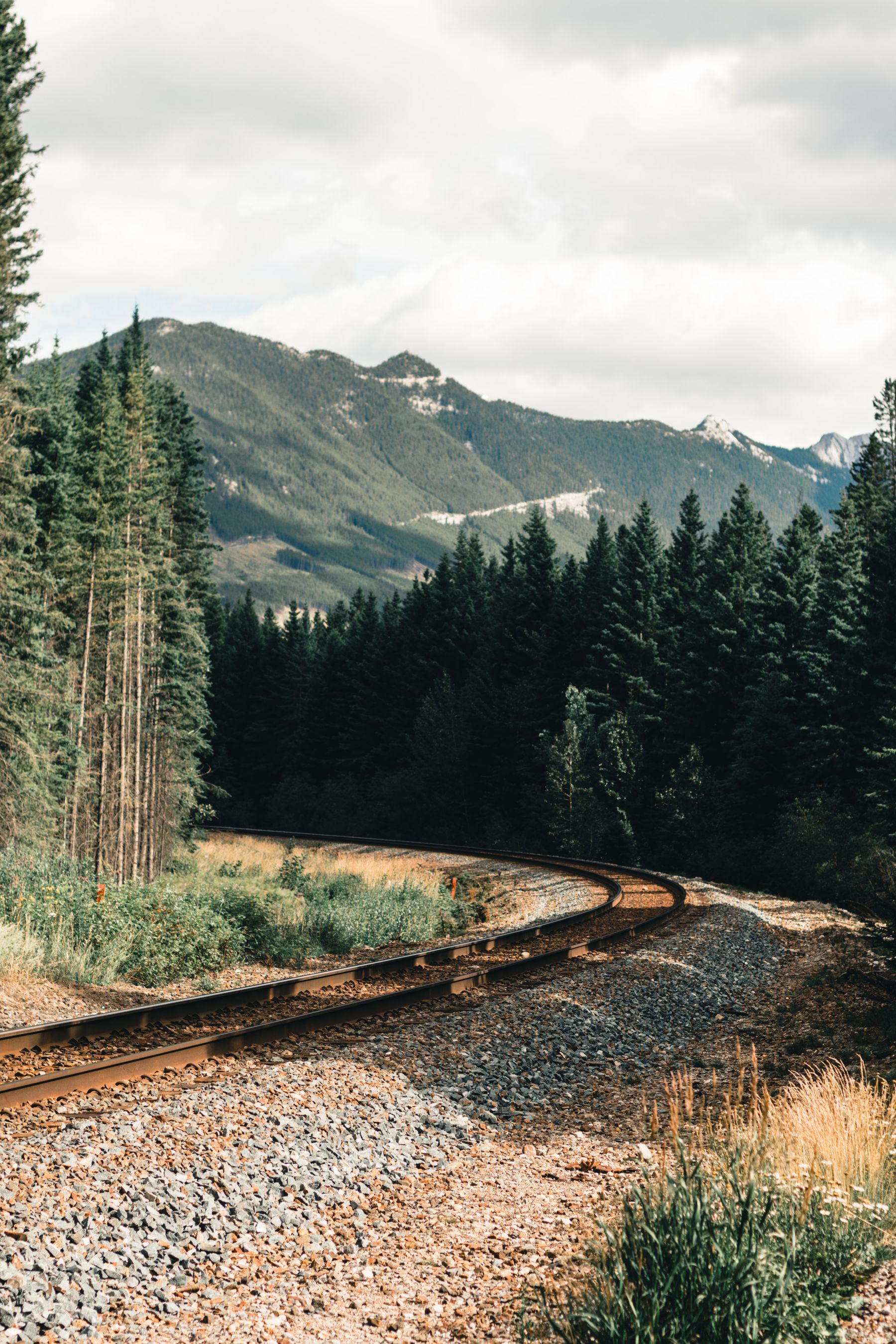 Railway tracks through Canadian mountain scenery