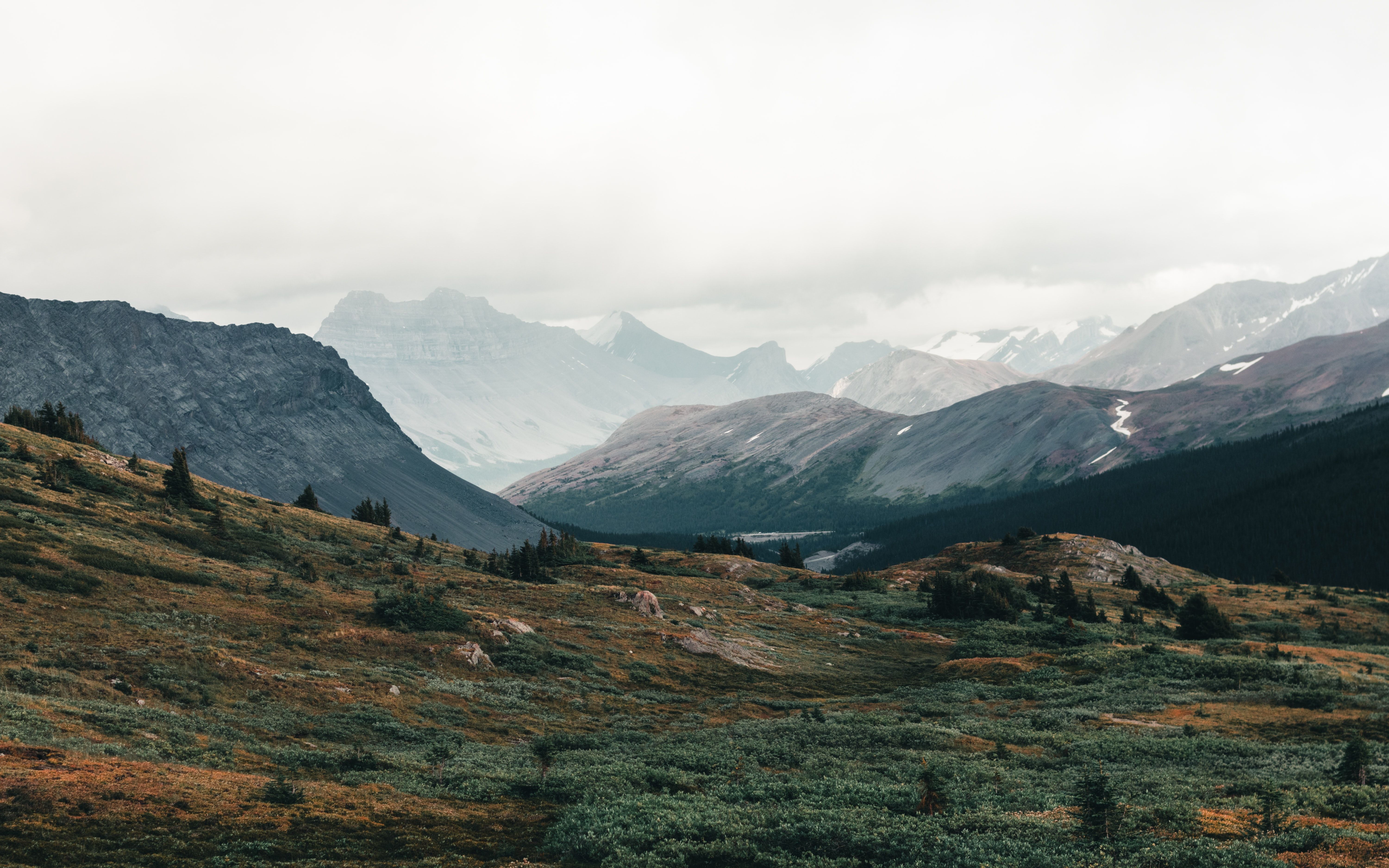 Serene view of misty rocky mountains in Canada with lush green valleys and dramatic skies.