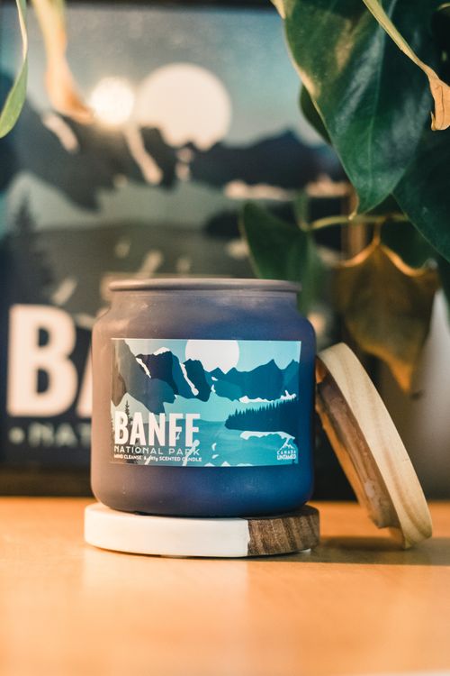 Free Stylized candle with Banff National Park label, perfect for eco-themed interiors. Stock Photo