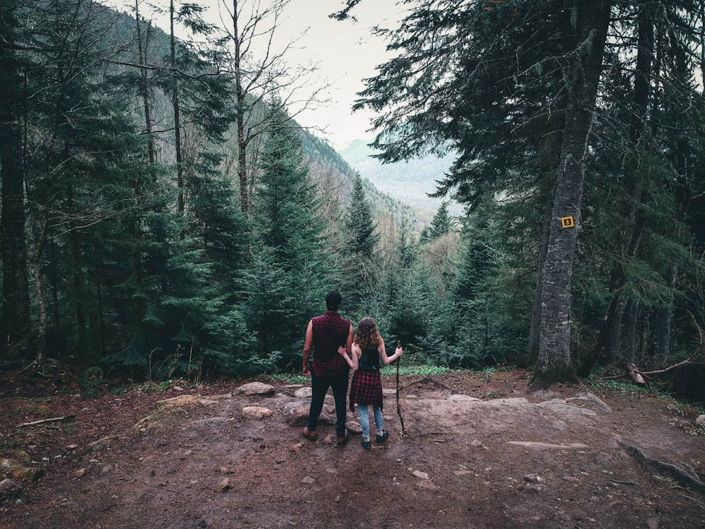 Free Backview of Couple standing near a Cliff in a Mountains Stock Photo