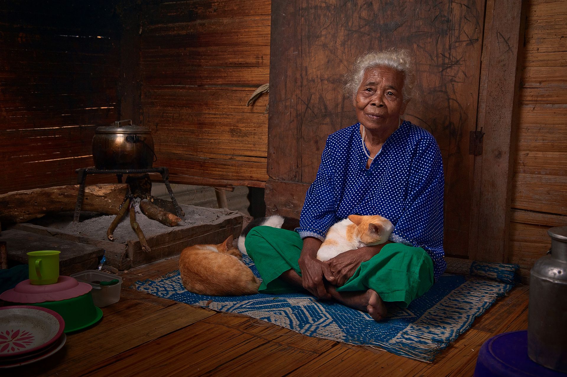 Woman With White Hair In Blue Long-sleeved Top Sitting With White And Orange Tabby Cat