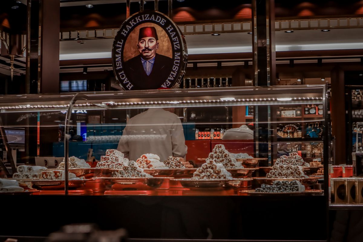 A gourmet display of traditional Turkish delights in a luxury Istanbul market.