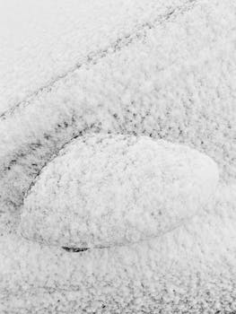 Close-up of a car door covered in fresh snow in Sankt-Peterburg, Russia.