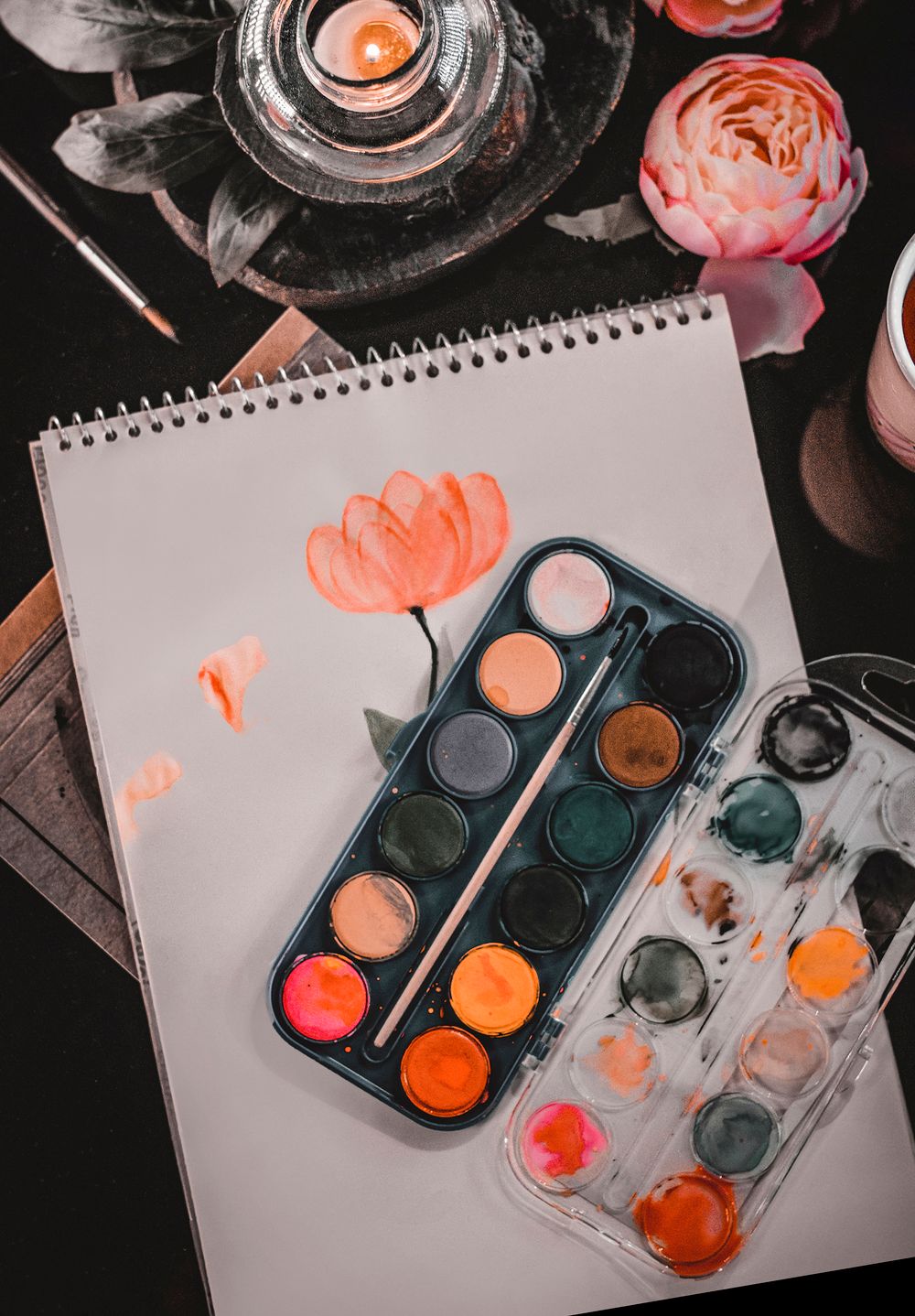 Watercolour flower painting with palette