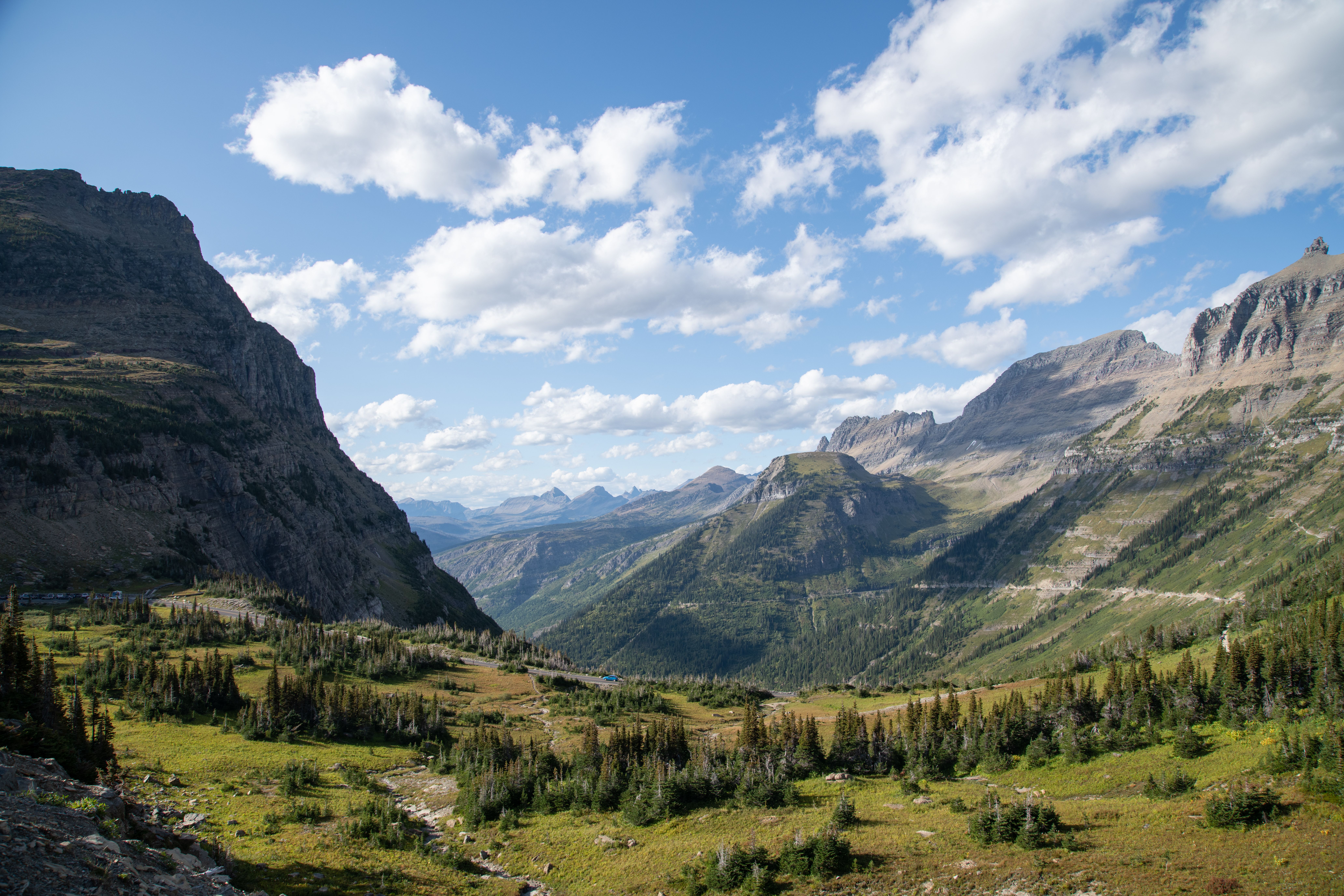 Breathtaking landscape of mountains and valleys at Glacier National Park in summer.