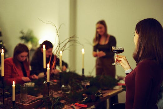 A festive indoor scene of friends celebrating a holiday with wine and candles around a table.