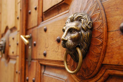 Darmowe zdjęcie z galerii z drewniane drzwi, kołatka, lew