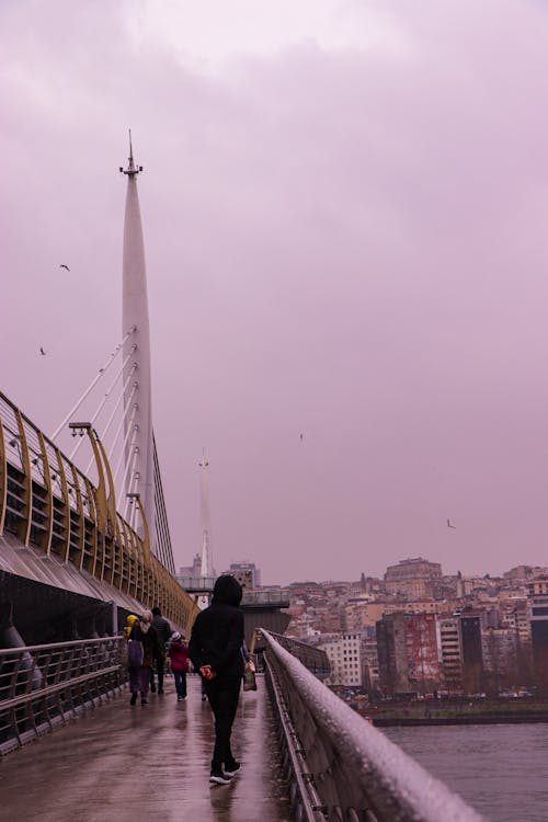 People Standing on a Footbridge Near City Buildings