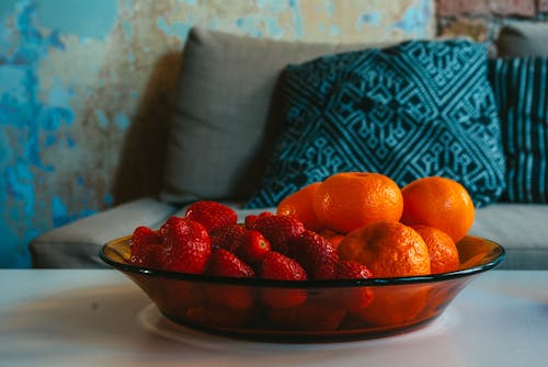 Strawberries and Mandarin Orange Fruits on Clear Glass Bowl