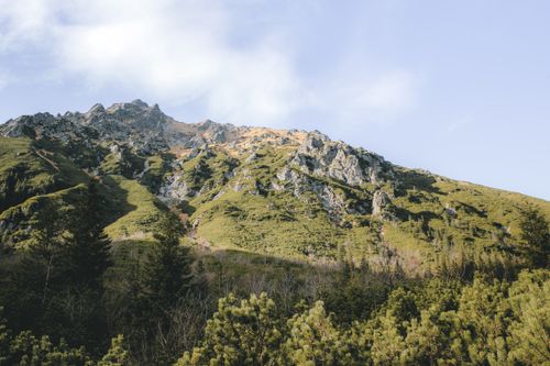 Free A breathtaking view of a rocky mountain slope in bright daylight, showcasing lush greenery. Stock Photo
