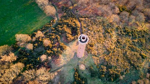 Free Drone capture of an ancient tower amid the natural landscapes of East Lothian, Scotland. Stock Photo