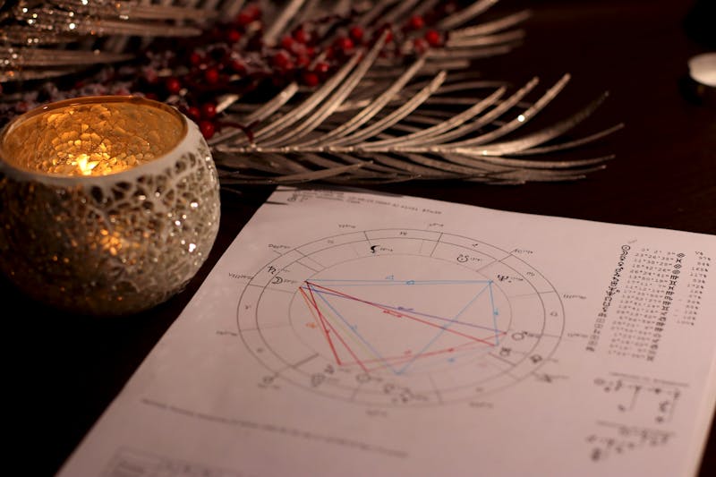 A warm candlelit astrology natal chart setting, symbolizing Vedic astrology birth chart reading