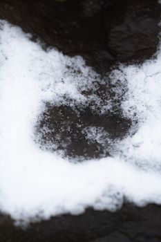 Close-up of snow-covered rocks displaying winter textures.