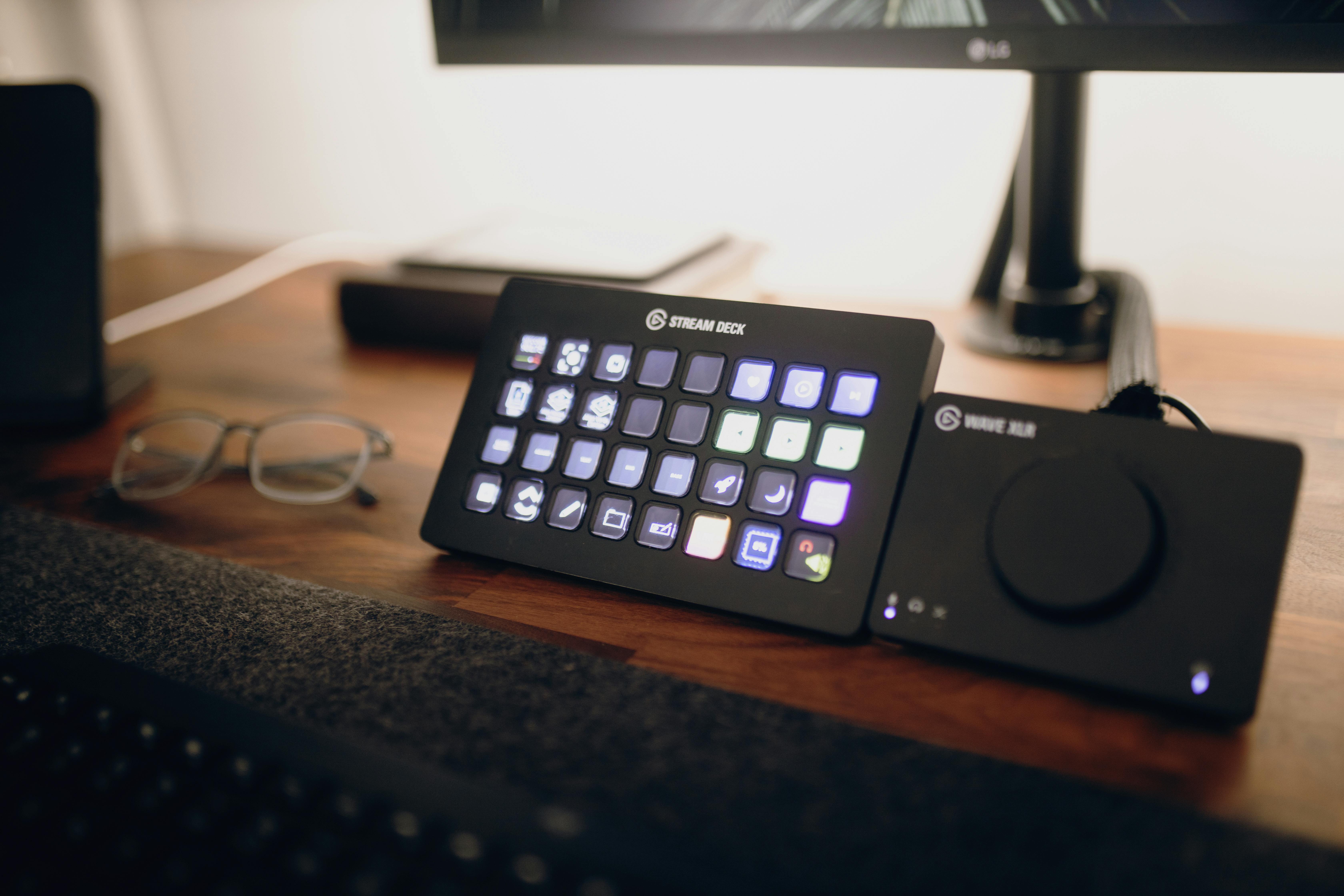 Stream Deck and audio interface on a modern workspace desk.