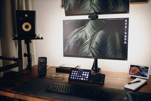 A sleek home office setup featuring dual monitors, tech gadgets, and modern design elements.