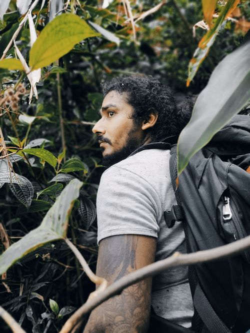 Free A man hiking through the dense jungle of Wewalwatta, Sri Lanka. Stock Photo