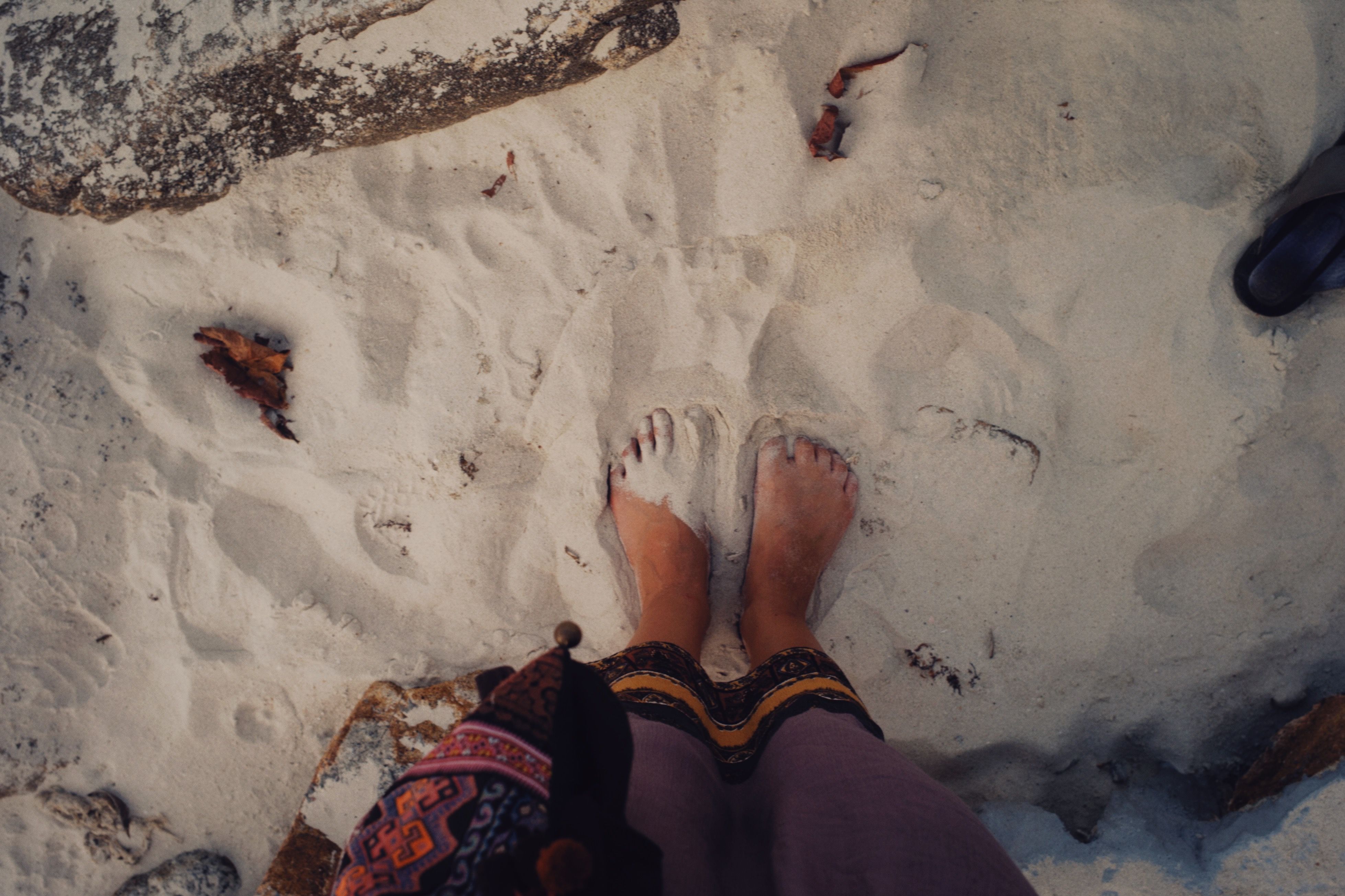 Bare feet standing on a sunlit sandy beach, showing intricate fabric detail. - Evidence evidence guide for rhodiola rosea stress randomized trial