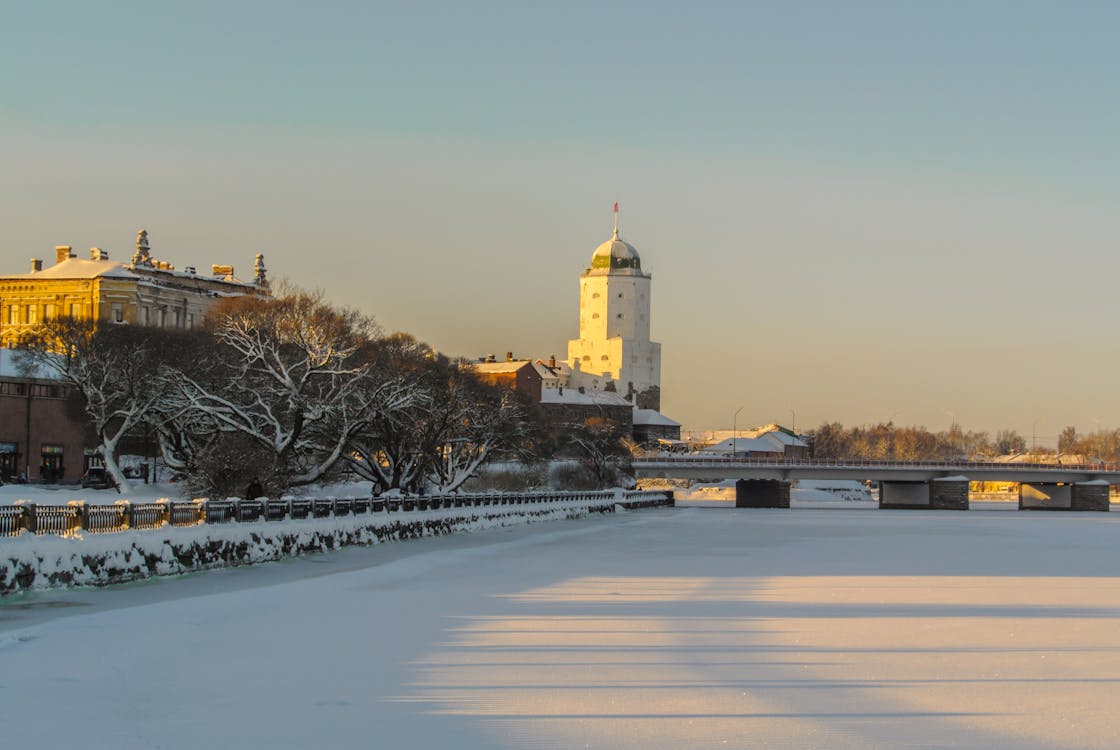 Frozen River in the City in Winter 