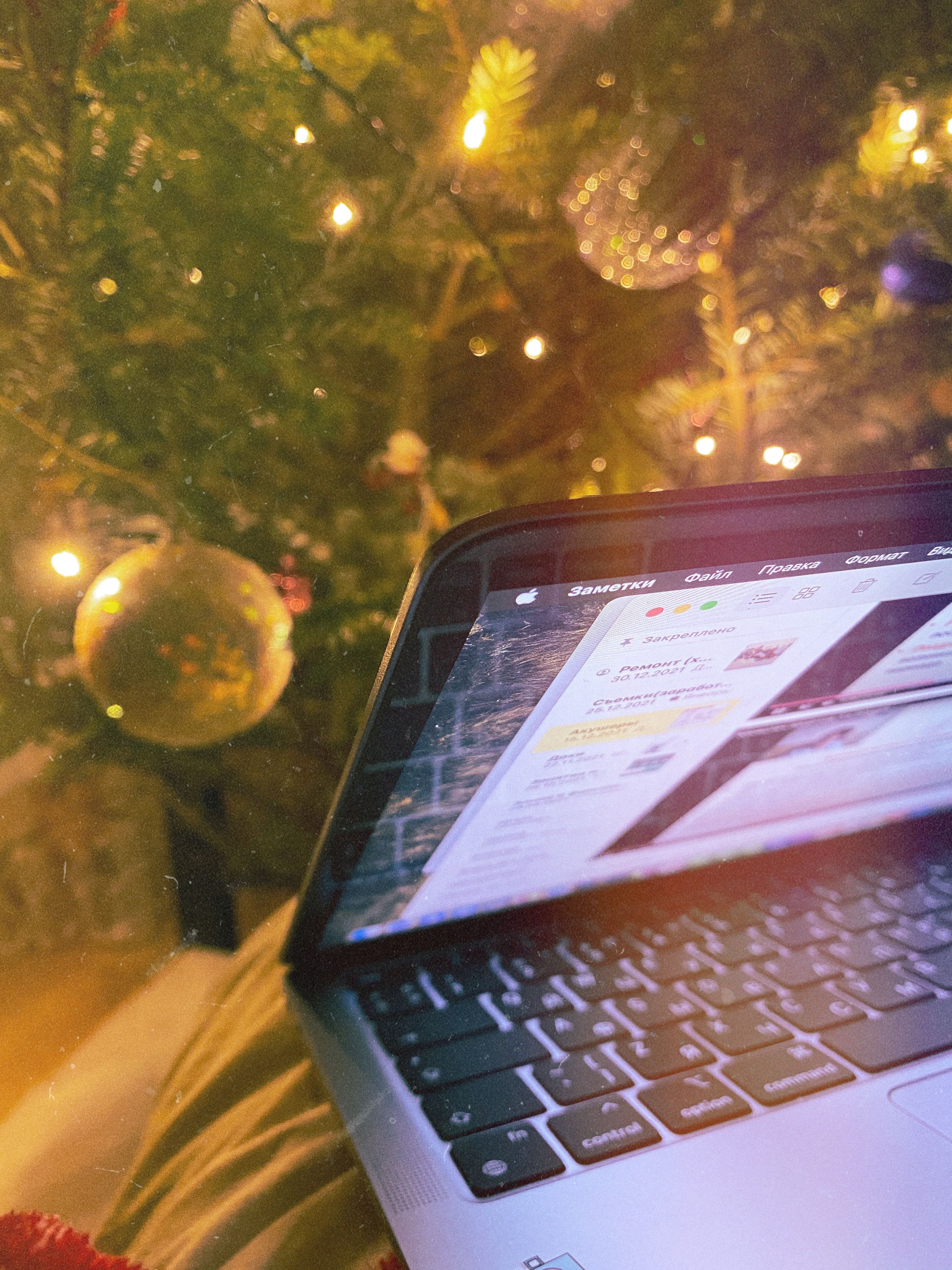 Laptop on a couch by a Christmas tree, perfect remote work ambiance.