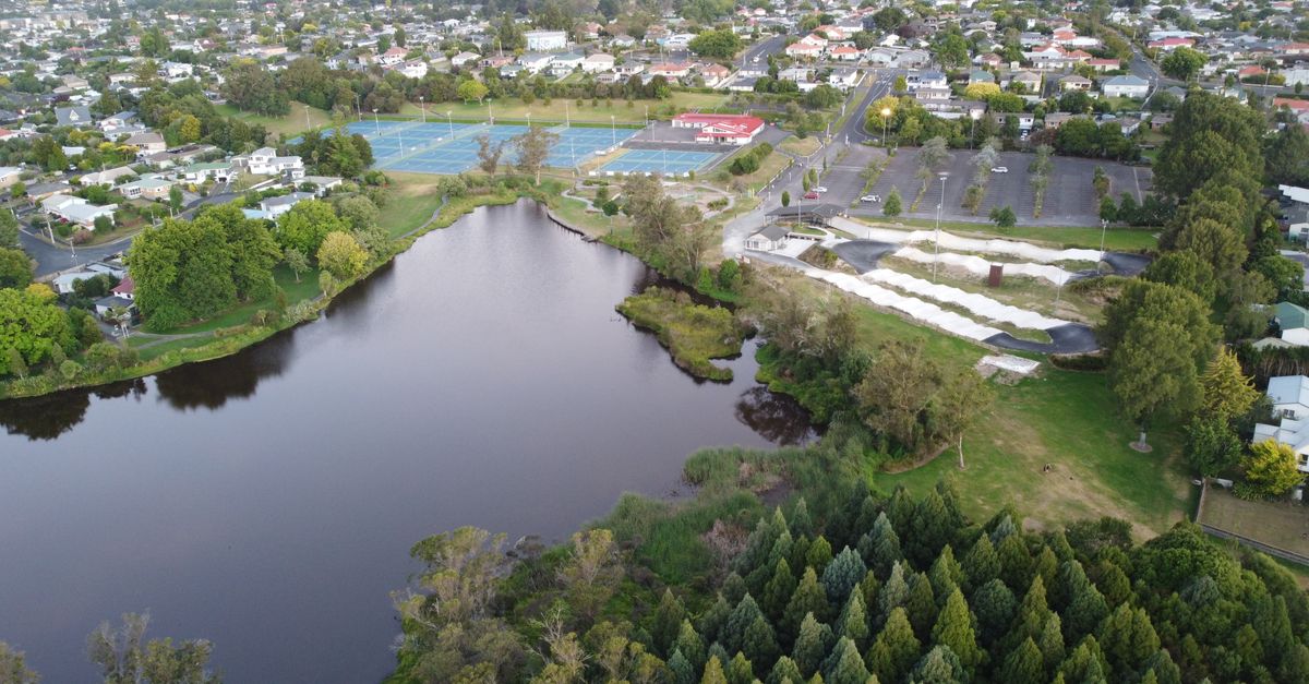 Aerial view showcasing a serene lake and surrounding townscape in Hamilton, New Zealand.