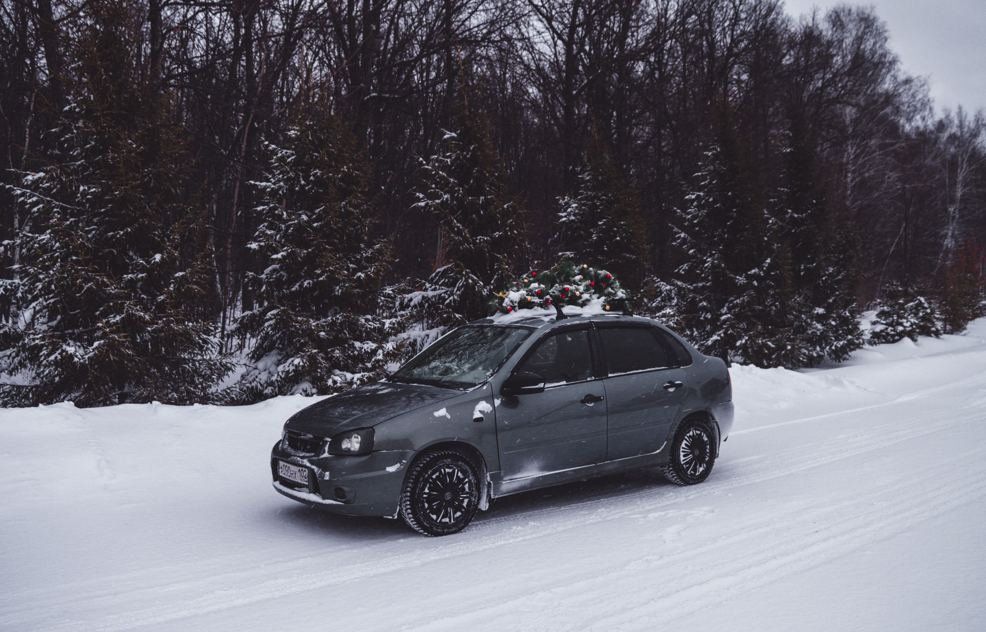 A car with a holiday wreath drives through a snow-covered forest in winter.