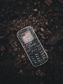 A weathered cellphone lies on rocky ground, showcasing urban decay in Albania.