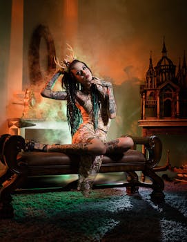 一位女性在室内艺术地摆出幻想角色扮演的姿势，灯光明亮