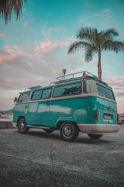Free Retro van parked under a palm tree in sunny Acapulco, Mexico, with a blue sky. Stock Photo