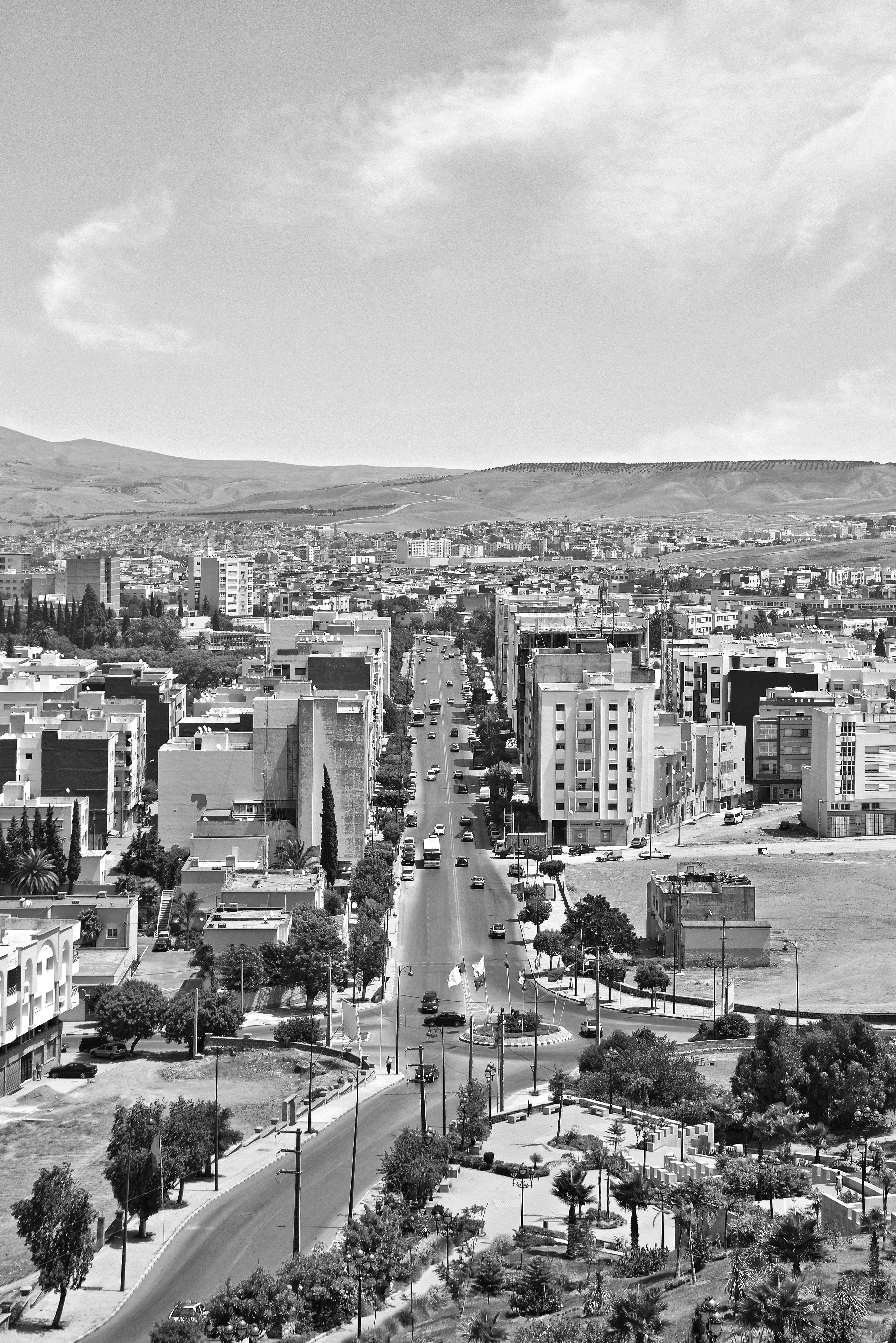 Explore the expansive aerial view of a bustling city in stunning black and white photography.