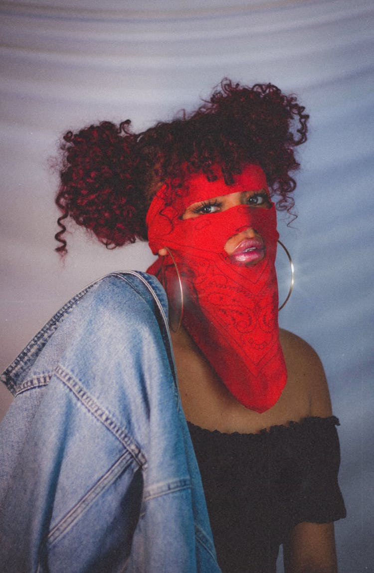 Woman With Red Shawl On Face