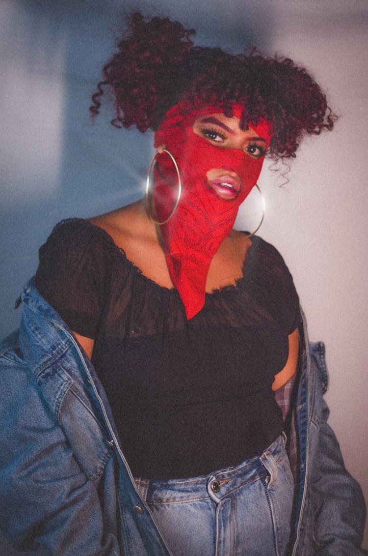 Woman With Red Shawl On Face