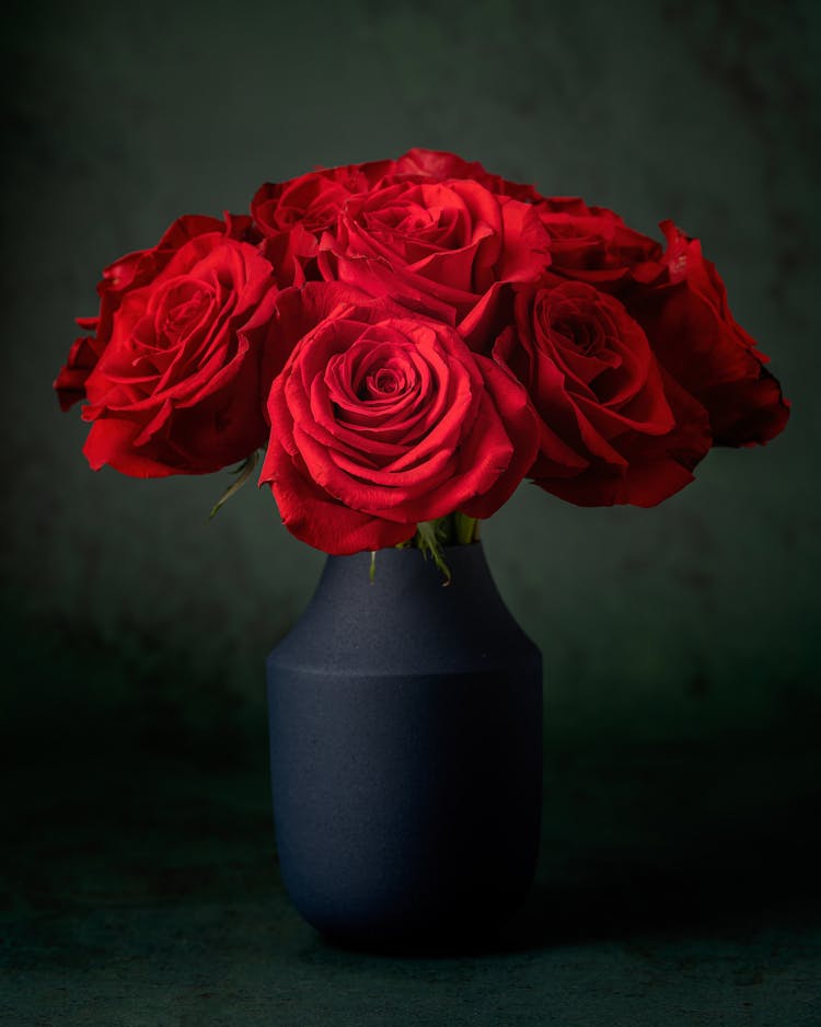 Red Roses On Blue Vase 