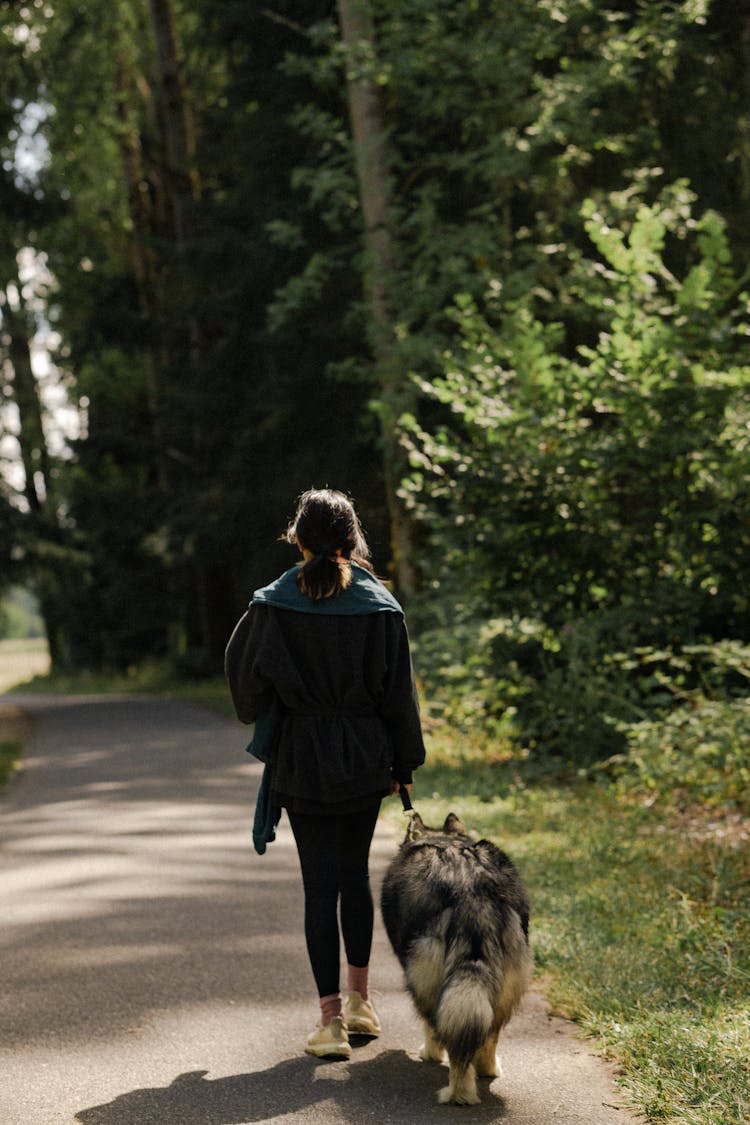 A Woman Walking With Dog