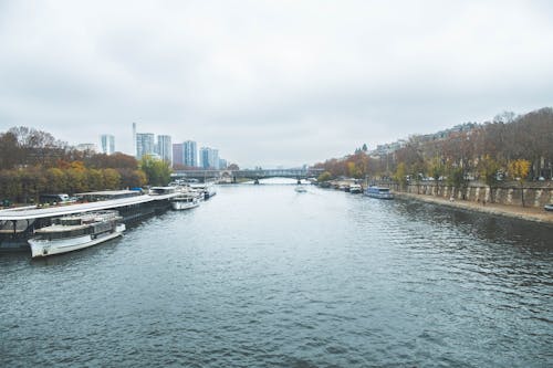 Ferries Moored Along the Seine River in Paris Near the Pont de Bir-Hakeim Bridge